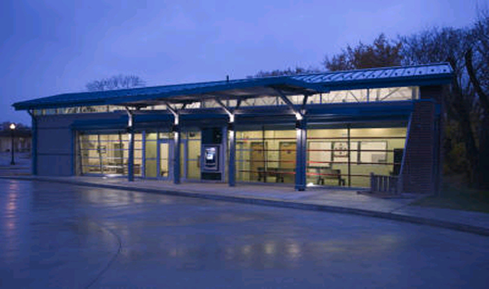 A night picture of the Phyllis Beyers Alliance Transit Center.