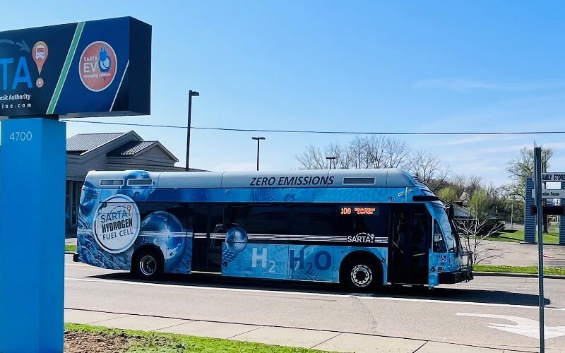 Belden Village Transit Center Sign with Hydrogen Fuel Cell Bus
