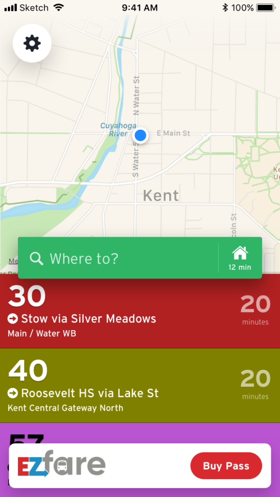 A mobile app screen showing a map, bus routes, and arrival times. At the bottom, there is an EZfare logo with a "Buy Pass" button.